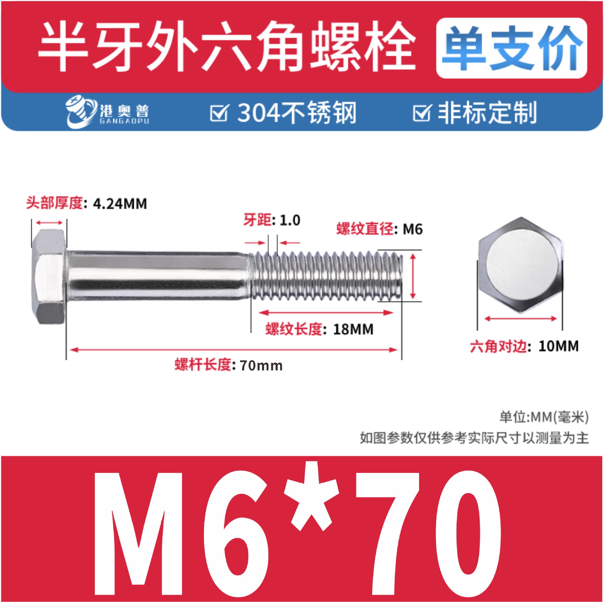 Tornillos hexagonales de media rosca, acero inoxidable 304