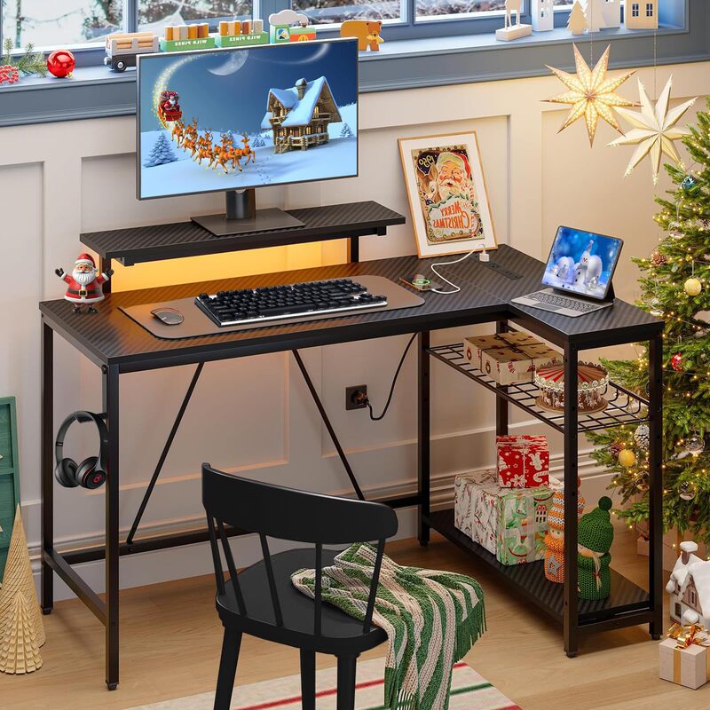 Customized Source Factory L-Shaped Gaming Table Black Steel Wood Corner Computer Table for Large Monitor Use