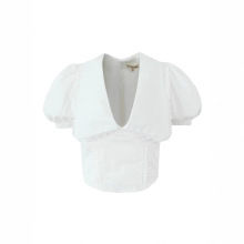 欧美女装甜美小清新拼接蕾丝边大方领短款小上衣宽松泡泡短袖衬衫