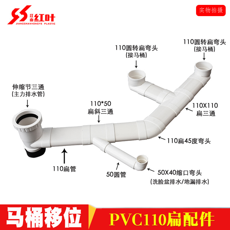 PVC排水扁管件110椭圆管扁配件卫生间马桶移位下水扁口排水排污管