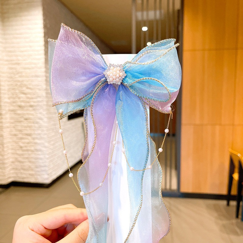 보라색과 파란색 체인 비즈 리본 긴 리본 어린이 머리핀