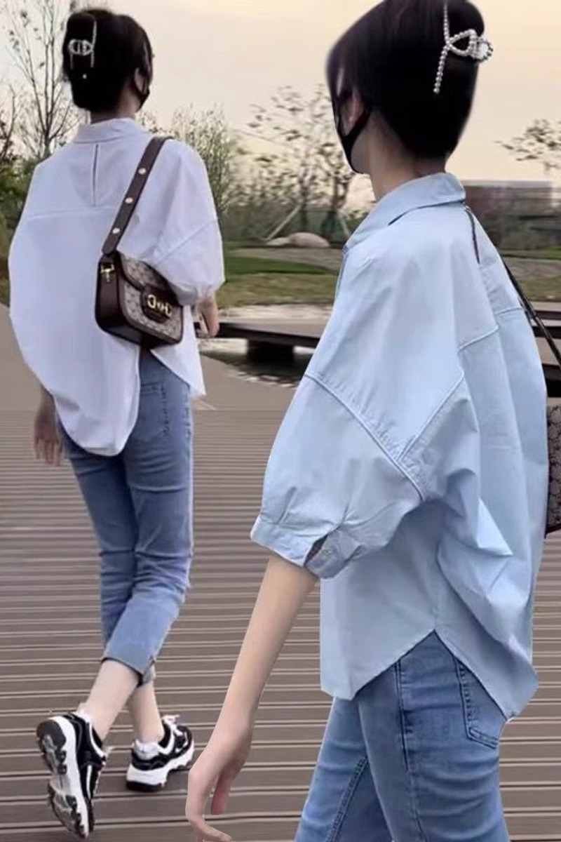 Áo sơ mi nữ cotton mùa hè tay lỡ phong cách Hàn Quốc — Màu xanh lam nhạt chi tiết 1