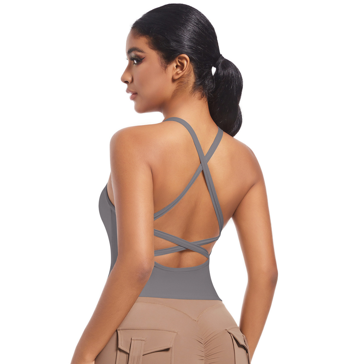 Nuevo transfronterizo de doble cara nylon de color sólido belleza de espalda cruzada ropa interior deportiva para correr fitness yoga chaleco chaqueta mujer