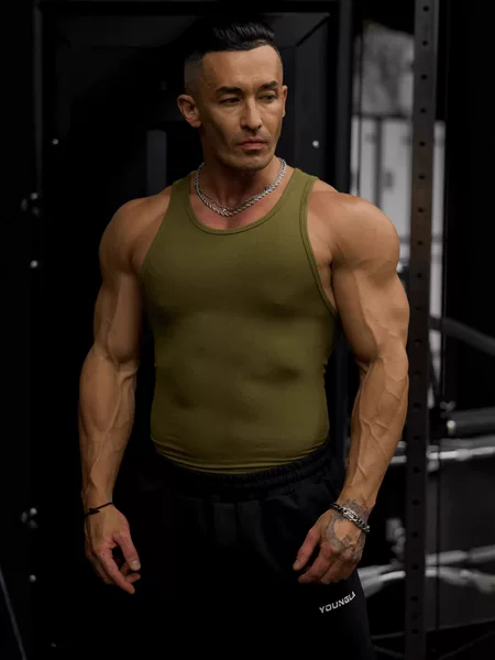 YOUNGLA Knitted Ice Silk Ribbed American Style Vest for Men, Sports Fitness Vest, Running Basketball Training Tight-Fitting Garment
