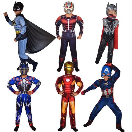 Halloween cosplay costumes for children, including Captain America, Iron Man, Thor, and Hulk costumes for performance sets.