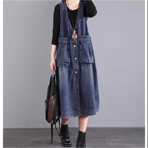 Large size denim vest dress, medium and long spring dress, Korean trend and fashionable large pocket horse clip strap dress