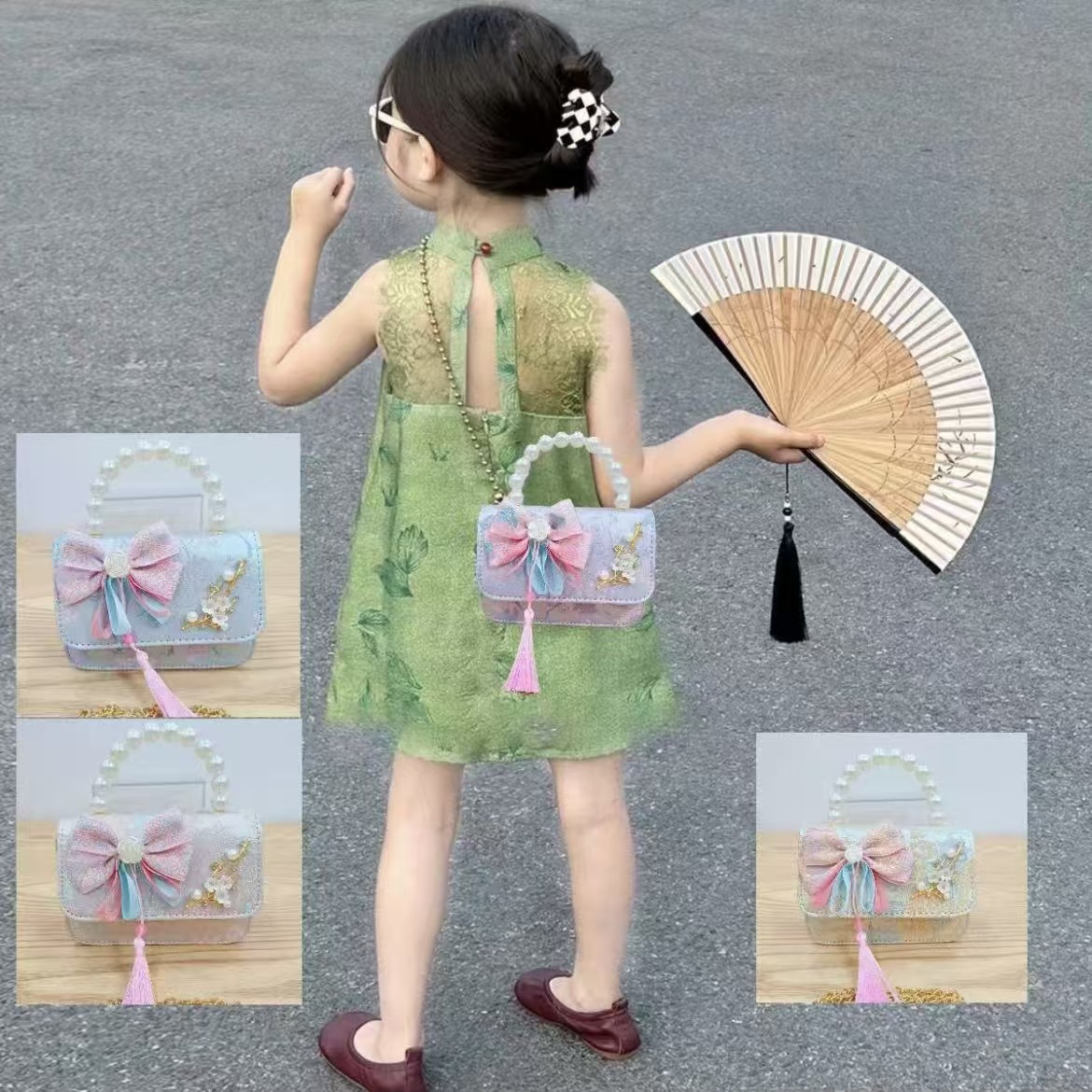 Bolsas de niños arco de estilo chino borda de niña pequeña princesa perla bolsa de cambio de mano al por mayor