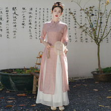 2025春夏新款复古新中式国风改良旗袍中长款纯色文艺七分袖连衣裙