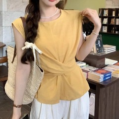 レースアップウエストノースリーブシャツ女性のための夏の2025新しい韓国スタイルスリムフィット無地多用途トップトレンディ