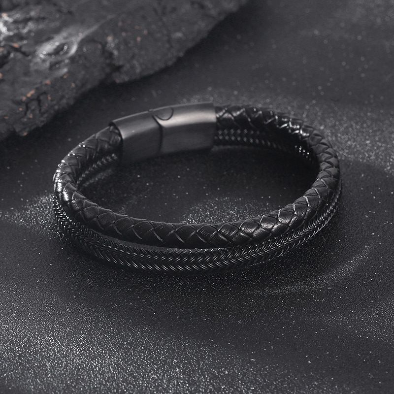 Daily, Street Occasion Simple Style Geometric Stainless Steel Leather Rope Plating Men's Bangle Men Cord & Leather Bracelets