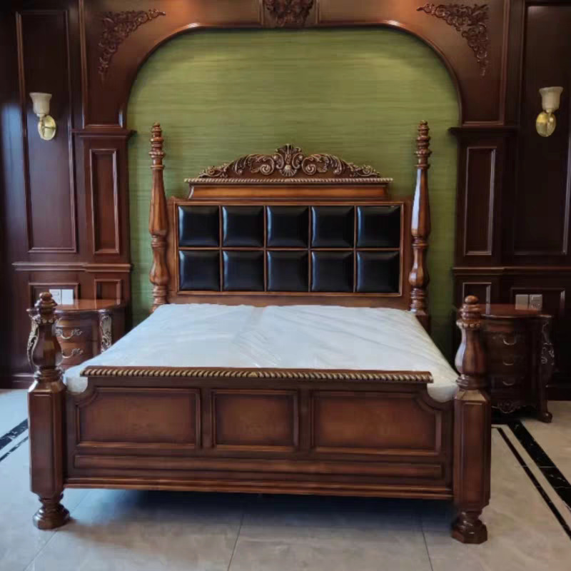 Villa Furniture American-Style Solid Wood Bed 1.8m Double Bed Black Walnut Color Home Master Bedroom Large Bed French Retro Bed