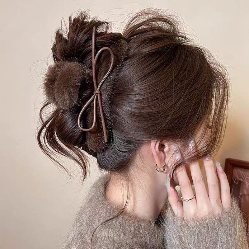 58#Brown leather bow plush hair clip about 13cm
