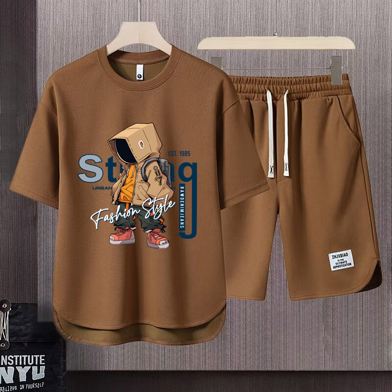 Men's Clothing 2024 Waffle Casual Summer Suit Men's Loose Teen Short sleeved T shirt Shorts Handsome Two piece Suit_mkmklike.com