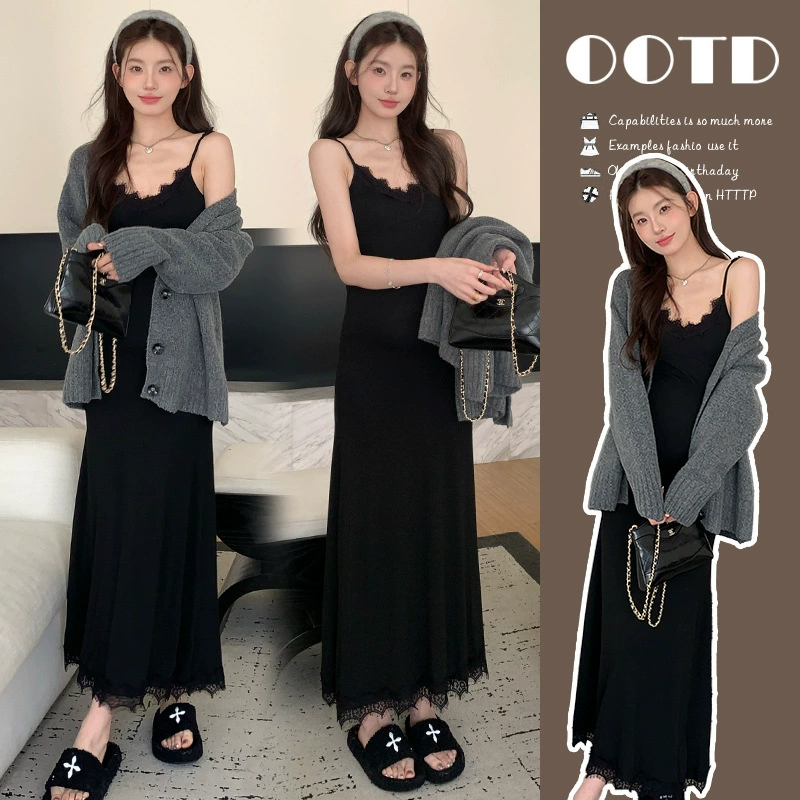 Снимок спот ~ 2024 осенний и зимний набор корейская мода эластичная кружевная подтяжка свитер куртка из двух частей