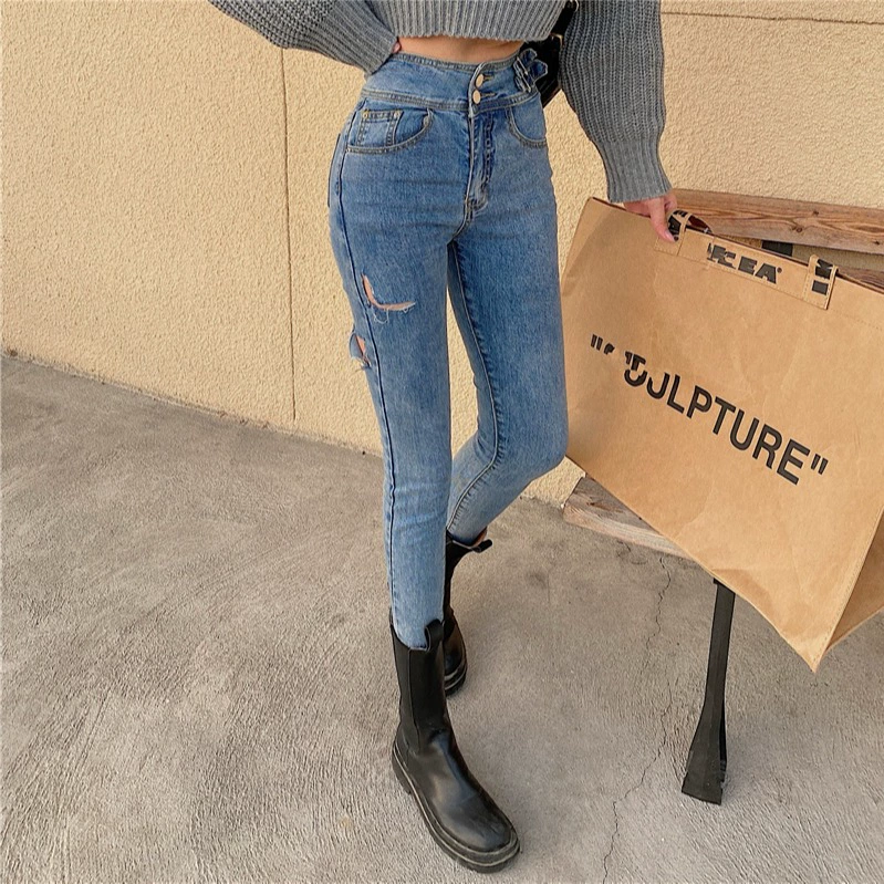 Шикарные маленькие сексуальные брюки в гонконгском стиле, рваные ретро тонкие эластичные джинсы с высокой талией