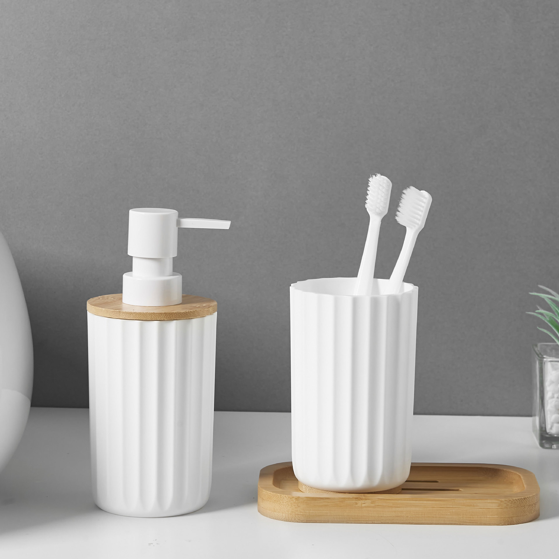 Cubierta de bambú ondas de baño 3 piezas set de artículos de baño enjuague bucal soporte de cepillo de dientes botella de loción de bambú jabon soporte de caja