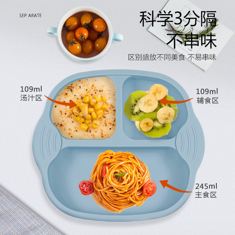 Nuevo traje de vajilla de suplemento alimenticio para niños transfronterizos Placa de silicona tazón tenedor cuchara babero taza de seis piezas conjunto de vajilla de alimentación