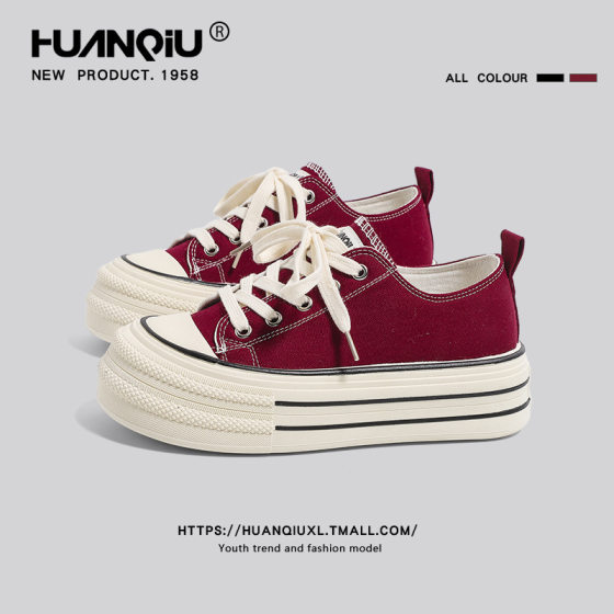 Universal wine red canvas shoes for women 2024 spring new all-Match platform height increasing casual niche design board shoes