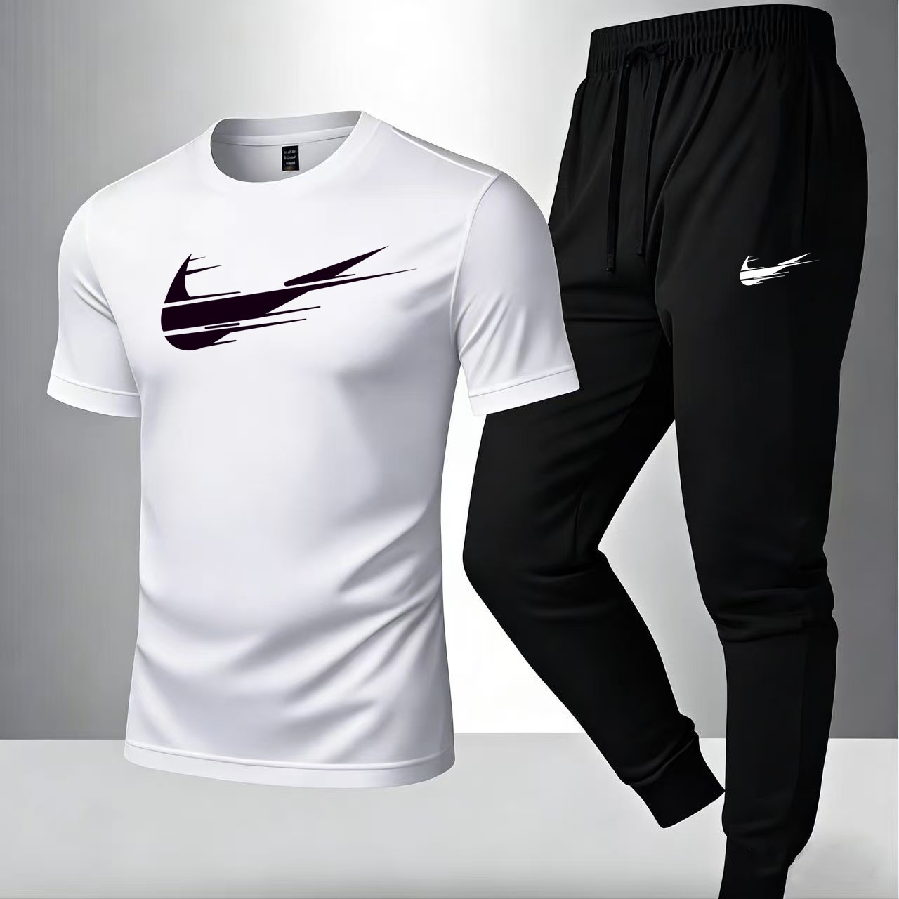 2026 Cross-Border Men's Trendy Pure Cotton Simple Set Round Neck Casual T-Shirt Thin Cotton Long Pants Casual Two-Piece Set Men's T-Shirt