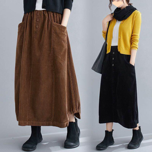 Retro corduroy semi-slip dress for women - new autumn style, loose and flattering, versatile and youthful - medium-length casual skirt