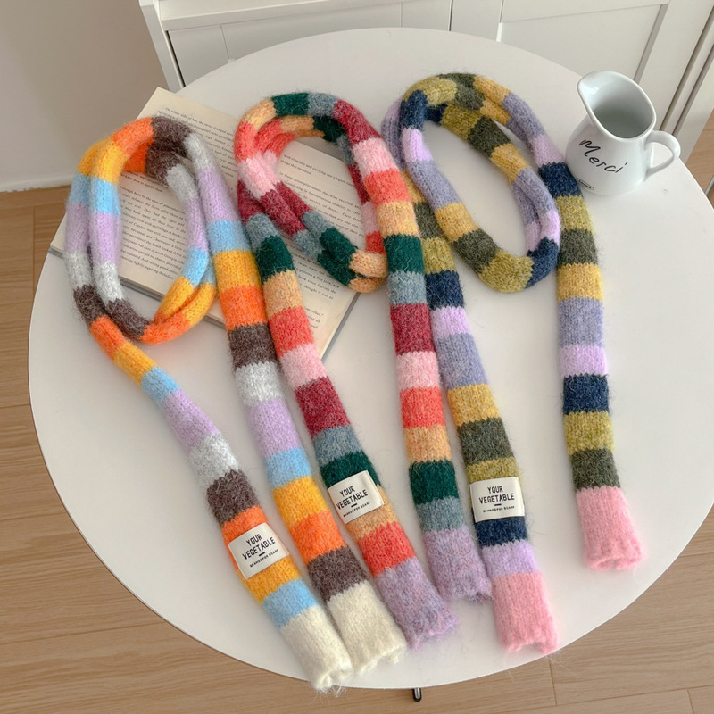 Autumn and Winter South Korea All-match Thin Narrow Rainbow Vintage Small Long Elegant Knitted Narrow Version Small Ins Style Scarf
