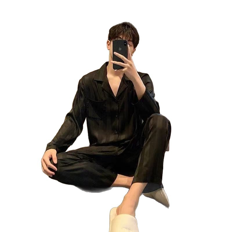 Pajamas de seda de hielo de hombre primavera y otoño de manga larga delgada estudiantes de pareja simple ropa de casa para hombres se puede usar fuera