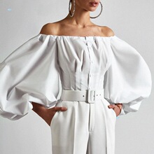 Solid off shoulder lantern sleeve shirt ��ɫһ�ּ���\���r��