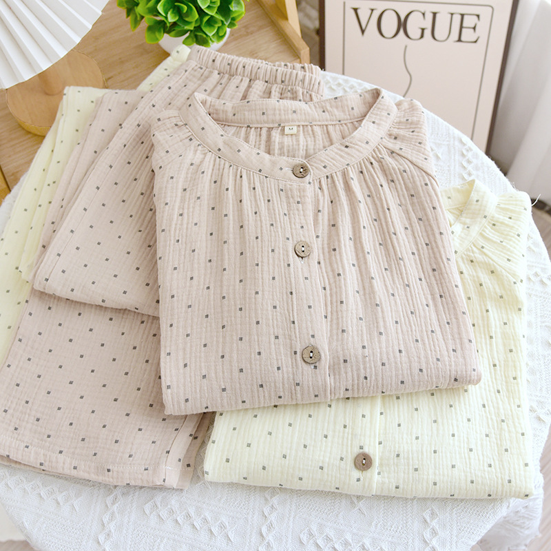 Thin Pure Cotton Women's Pajamas Four Seasons Long Sleeve Crepe Double Gauze Home Clothes Cotton Collar Casual suit