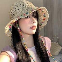 パンパン雅風カラー木珠麦わら帽子女夏の大きなつば草編み漁師帽折り畳み可能な海辺の日よけ日焼け止め帽