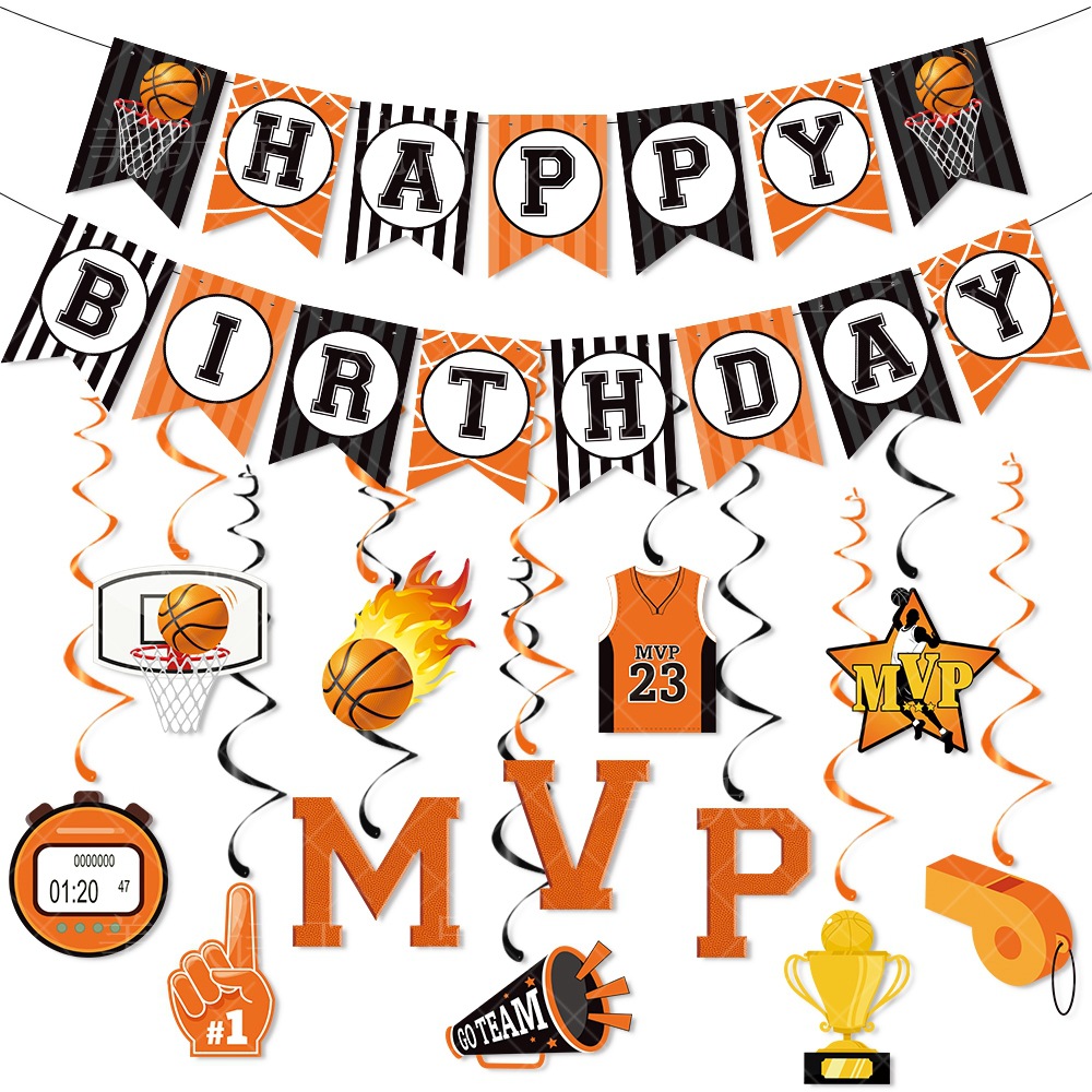 Nuevos productos transfronterizos Tema de la NBA Decoración de cumpleaños Banner Tema de baloncesto Colgante en espiral Decoración de fiesta de cumpleaños Bandera