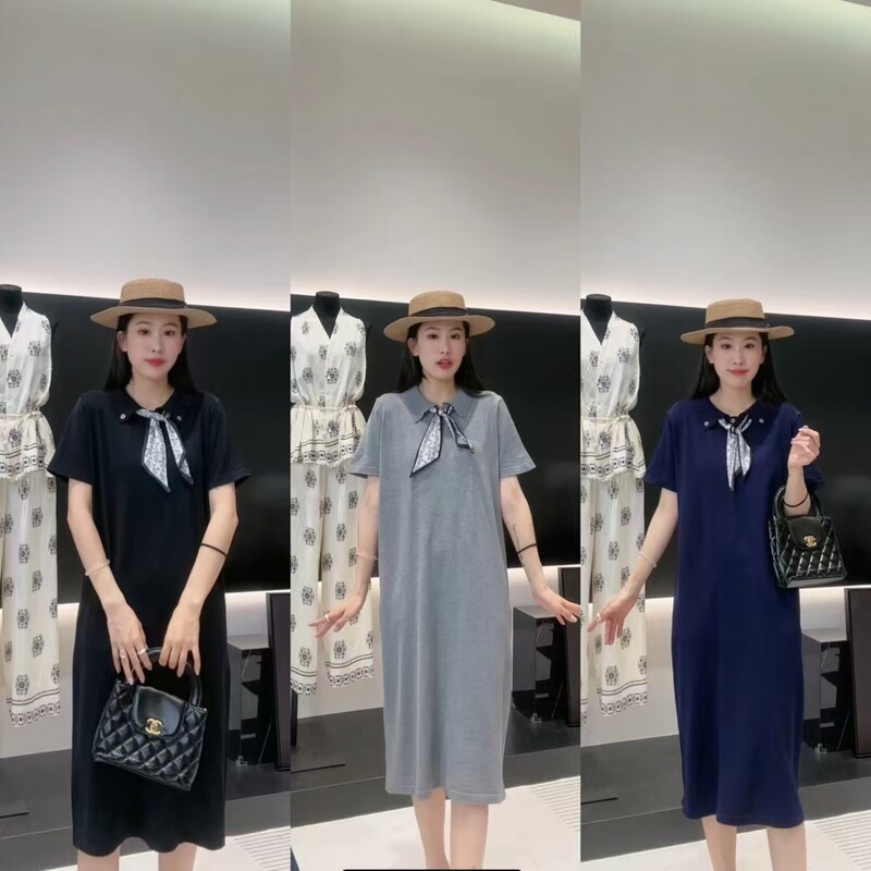 French Silk Scarf Lace-Up Gray Dress for Women Summer High-End Temperament Slimming Short-Sleeved Skirt