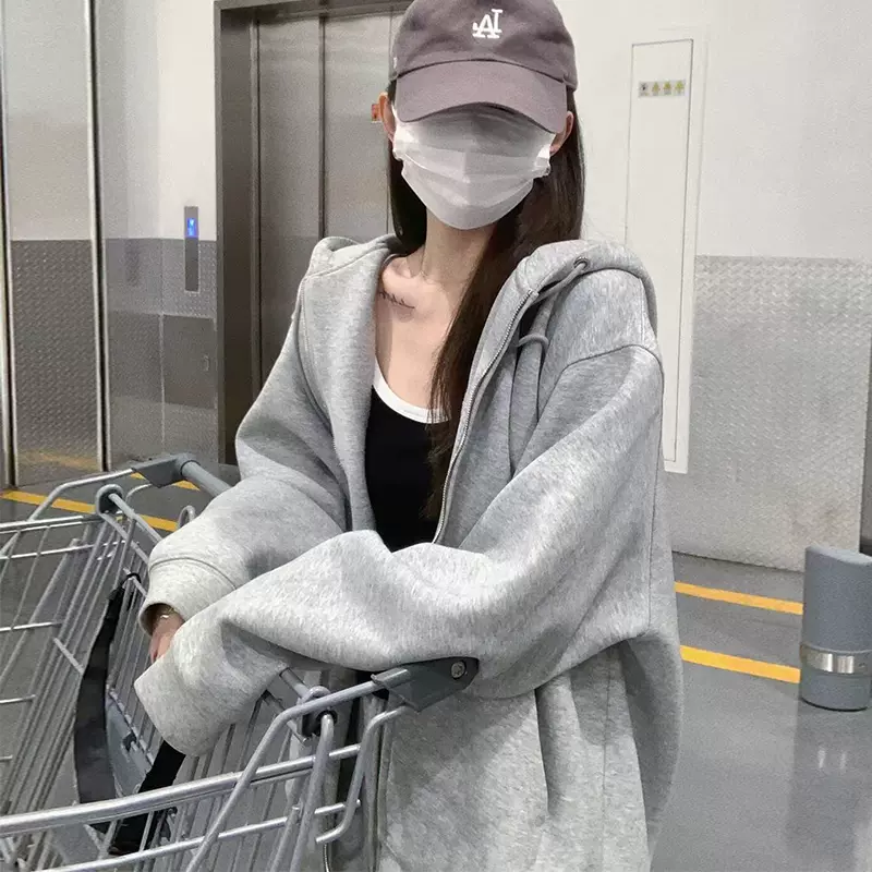灰色连帽卫衣女秋冬2025新款爆款休闲穿搭外套韩系慵懒风美式上衣