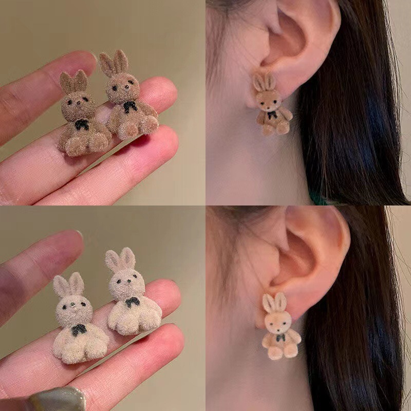 925 Silver Needle Korean Flocking Cute Bear Earrings Elegant Simple 2023 Trendy Girly Student Earrings Earrings
