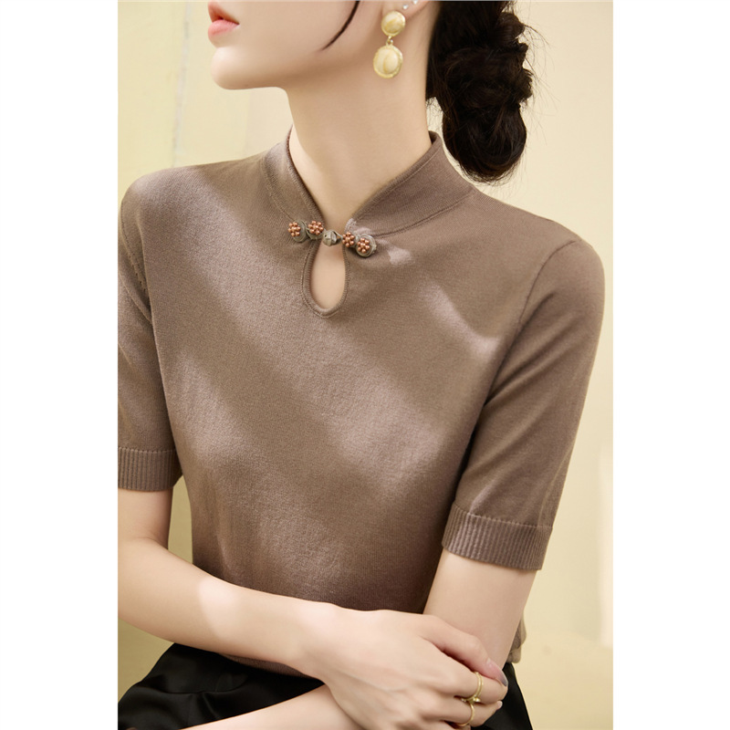 Summer New Chinese Short-sleeved T-shirt Women's Thin Ice Silk Top Small Stand Collar Design Cheongsam Buckle Tencel Knit Sweater