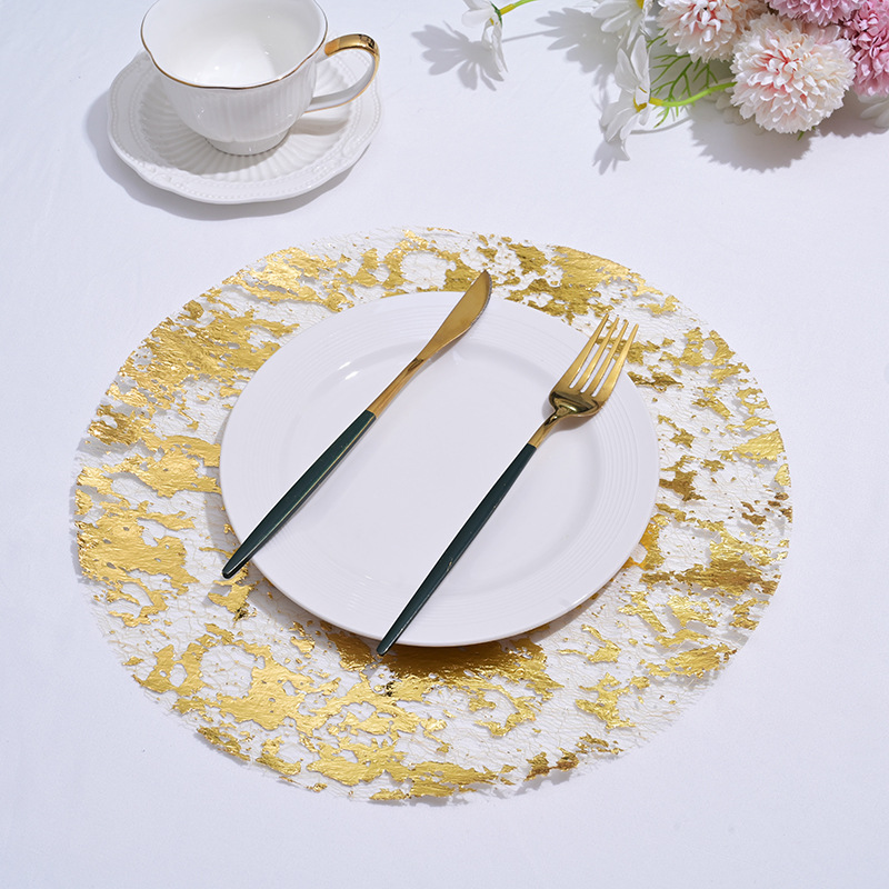 跨境热卖轻奢质感桌圆形网格桌垫宴会派对氛围装饰一次性金箔餐垫