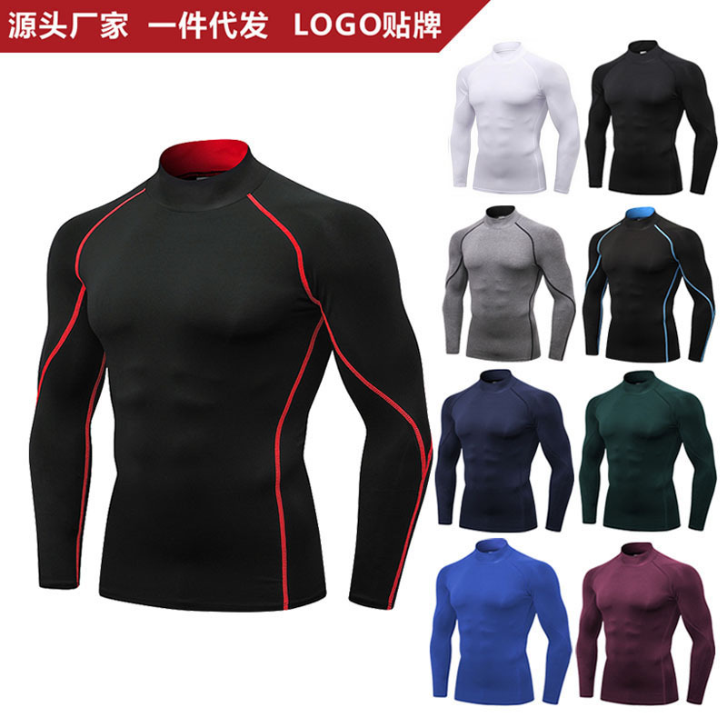 Men's high collar fitness long sleeve PRO sports tight running long sleeve T-shirt autumn and winter stretch quick-drying stand collar sweater