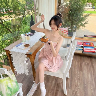法式粉色蝴蝶结吊带连衣裙女夏季小个子甜美修身收腰露背A字短裙