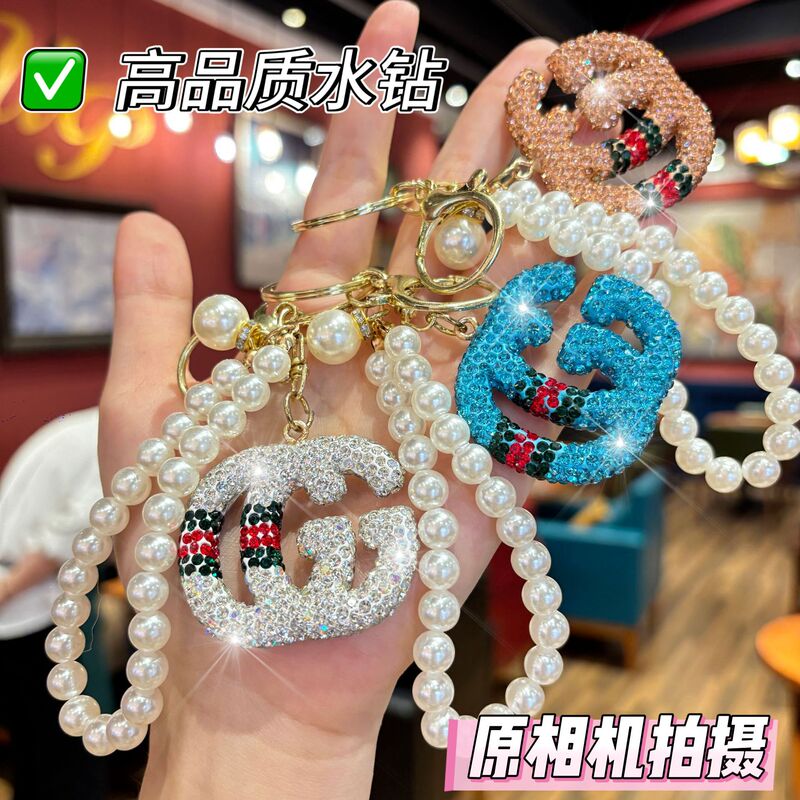 Cross-Border Pearl Chain Clay Rhinestone Hollow Double g Keychain DIY Rhinestone Gucci Korean Style Women's Bag Charm Cross-Border Pearl Chain Clay Rhinestone Hollow Double g Keychain DIY Rhinestone Gucci Korean Style Women's Bag Charm