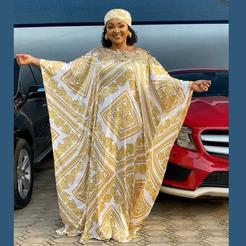African Mom Ethnic Plus Size Dress with Large Hem and Diamond Lace Rayon Digital Printing Optional with Headscarf