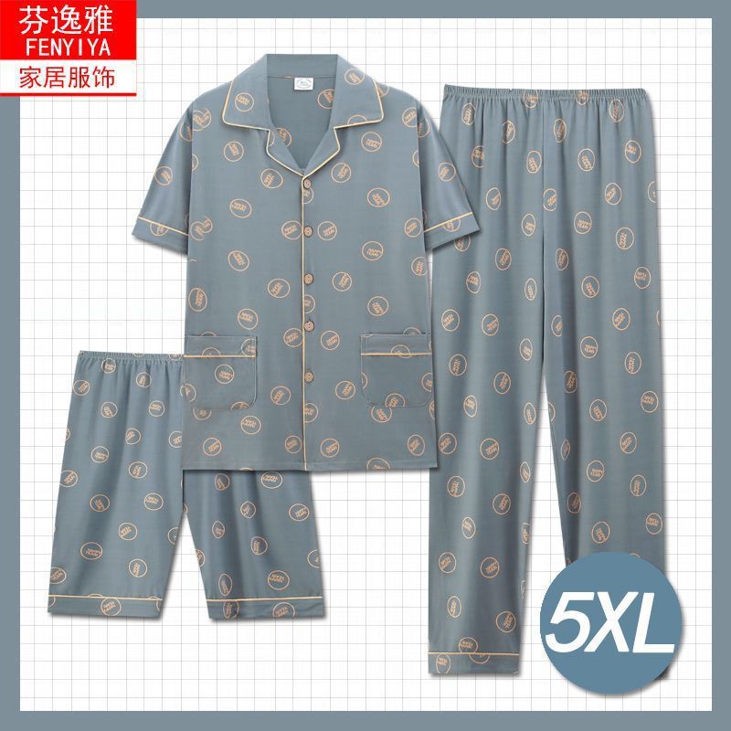 Pajamas de algodón para hombres de mediana edad, tres piezas de verano, pantalones largos de manga corta, delgados y grandes, ropa para el hogar suelta