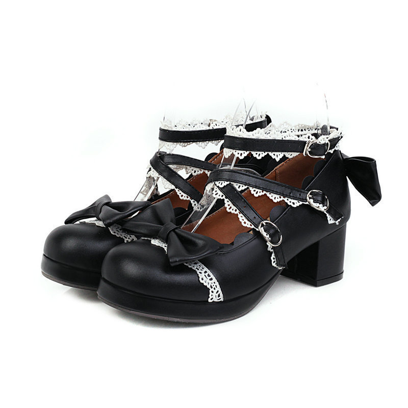 Lolita Women's Shoes with Bow Cross Straps Japanese Style Lolita Shoes Cute Girl Round Toe Mid-Heeled Loli Shoes