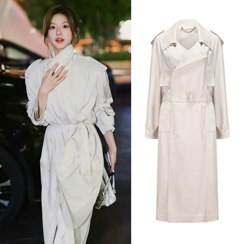 Zhao Lusi Same Style White Dipper Jacket Women's Autumn and Winter New British Style Lapel High-end Slim Long Coat
