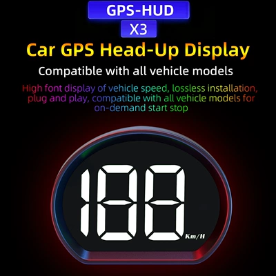 Vehicle HUD head-up display, GPS universal - x3-white-light-large-font-speedometer-kmh