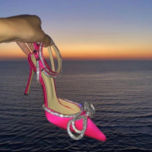 2025 Spring New Foreign Trade Bow Rhinestone High Heels Sequin Pointed Toe Hollow Strap Sandals Women's Crystal Shoes