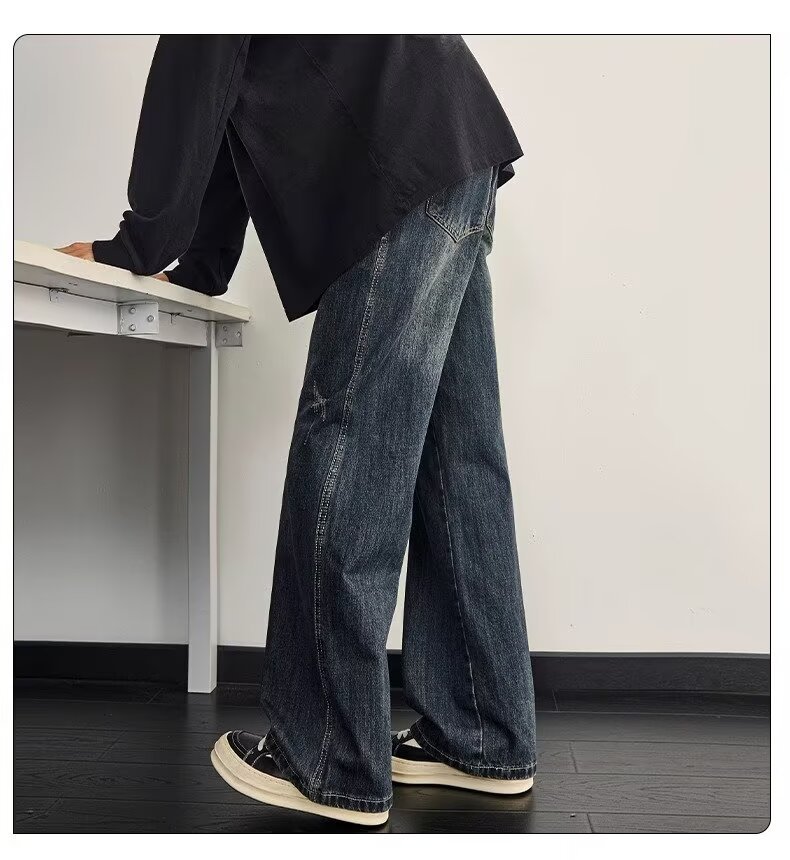 Men's Washed Vintage High Street Jeans Distressed Denim Loose Straight-Leg Fit Streetwear Style Blue S-3XL_mkmklike.com