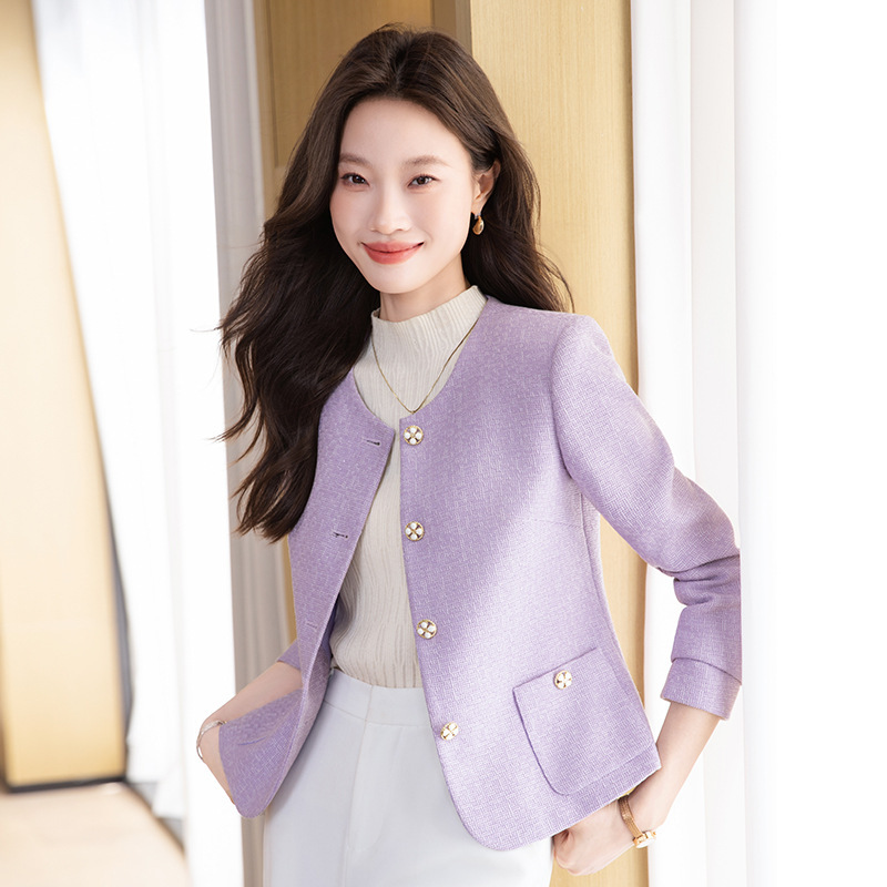Cross-Border Light Purple Blazer for Women, Autumn Stylish Petite Blazer, Fashionable Casual Chanel-Style Long-Sleeve Suit