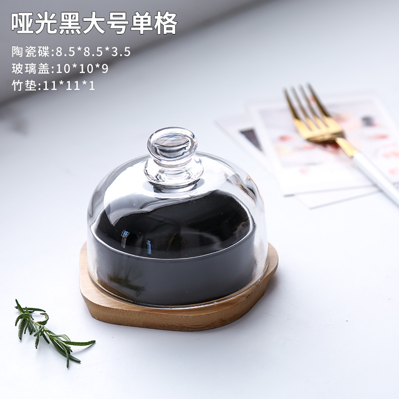 Plato de bocadillos de cerámica creativo con cubierta de vidrio, té de la tarde, postre, tazón de horneado, plato de refrigerio casero, plato de fruta seca