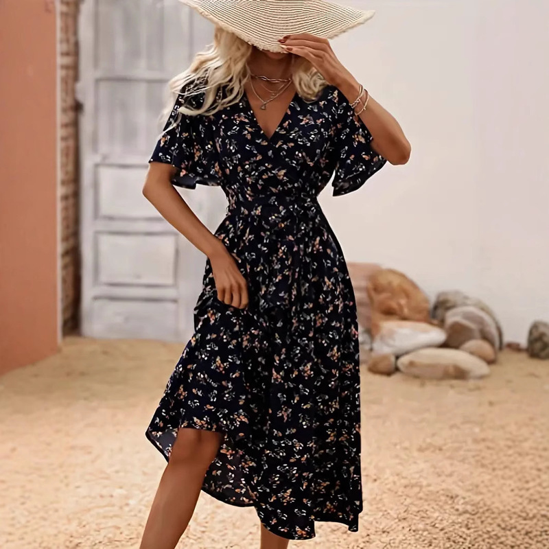 Cross-Border European and American Amazon New V Neck Floral Dress French Niche Design One-Piece Mid-Length Tea Break Cross-Border European and American Amazon New V Neck Floral Dress French Niche Design One-Piece Mid-Length Tea Break