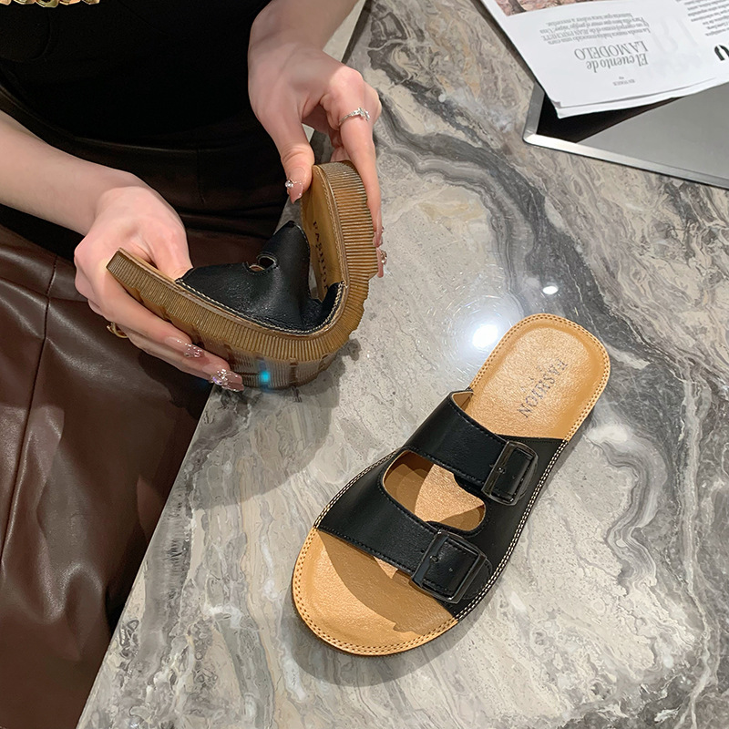 Echt leer Oxford-slippers met zachte zolen Dames zomer bovenkleding 2023 nieuwe all-match strandsandalen met riemgesp_voghion.com