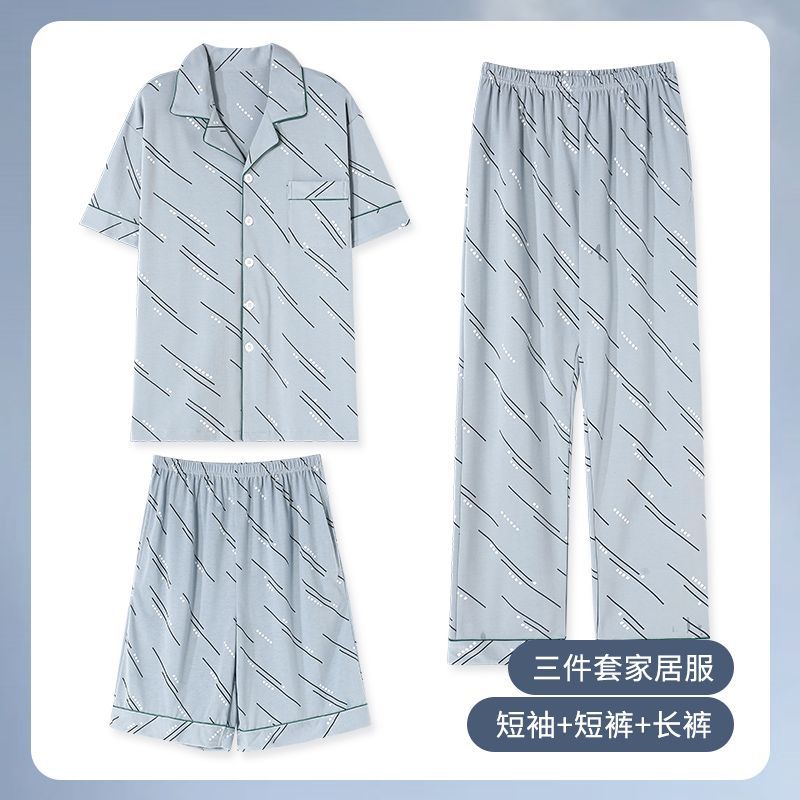 100% algodón pijamas de los hombres pantalones cortos de manga corta pantalones traje de tres piezas cardigan casual más tamaño ropa para el hogar